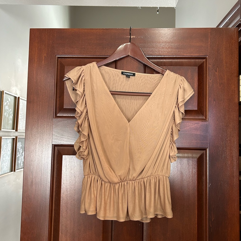 Express Sheer Blush Ruffle Sleeve Peplum Top XS